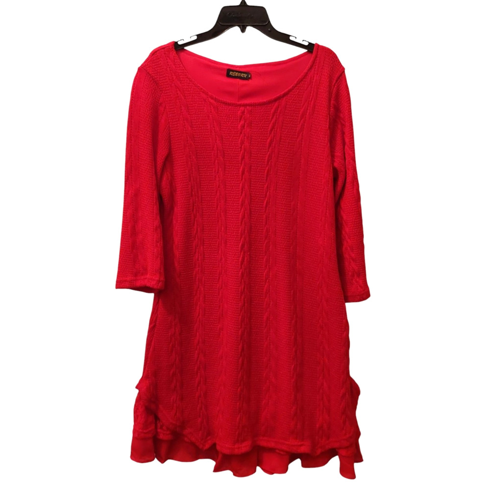 Reborn Red Cable Knit Lined With Lace Flounce 3/4 Sleeve Shift Dress XL‎